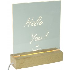 Tableau de messages transparent avec lumière LED et socle en bois