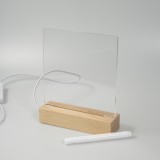 Tableau de messages transparent avec lumière LED et socle en bois