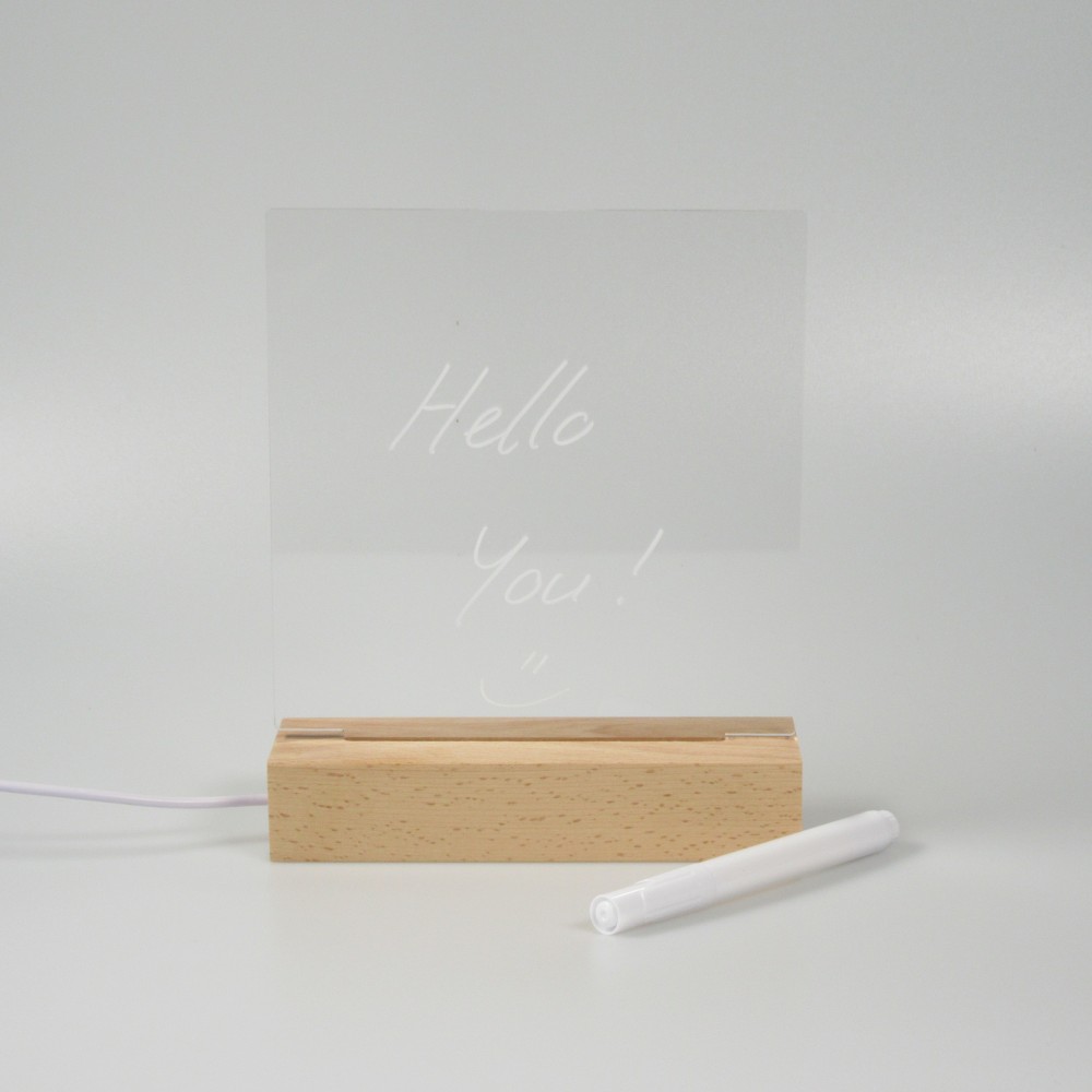 Tableau de messages transparent avec lumière LED et socle en bois