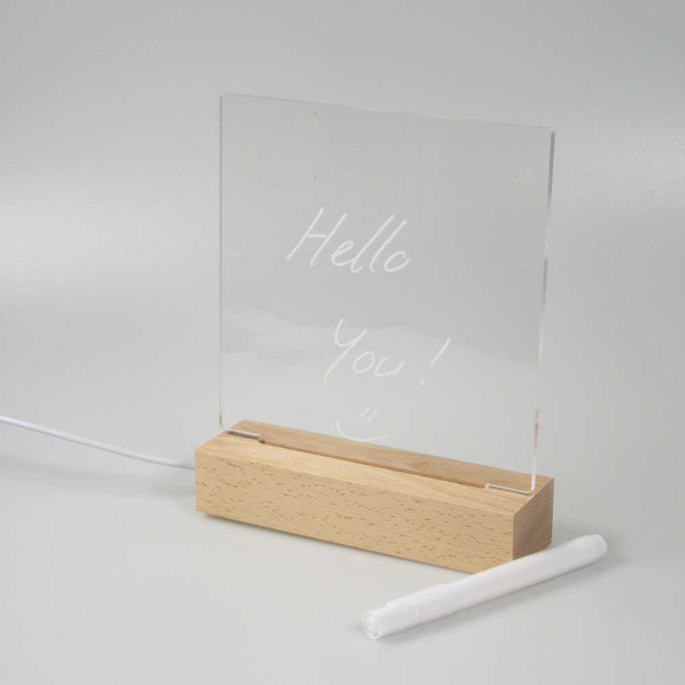 Tableau de messages transparent avec lumière LED et socle en bois