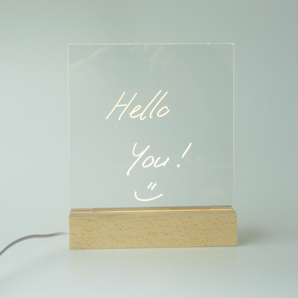 Tableau de messages transparent avec lumière LED et socle en bois