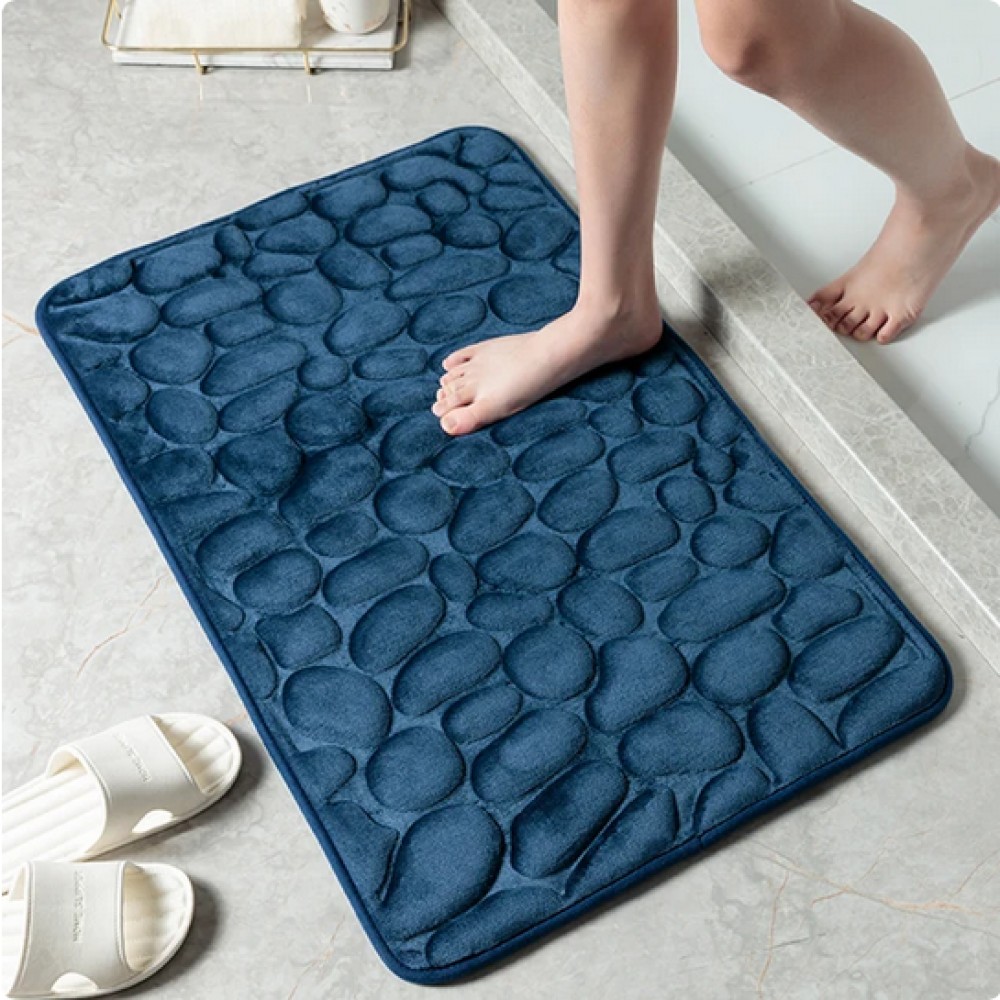 Tapis de bain effet galets mémoire de forme absorbant et anti-dérapant (40 x 60 cm) - Bleu