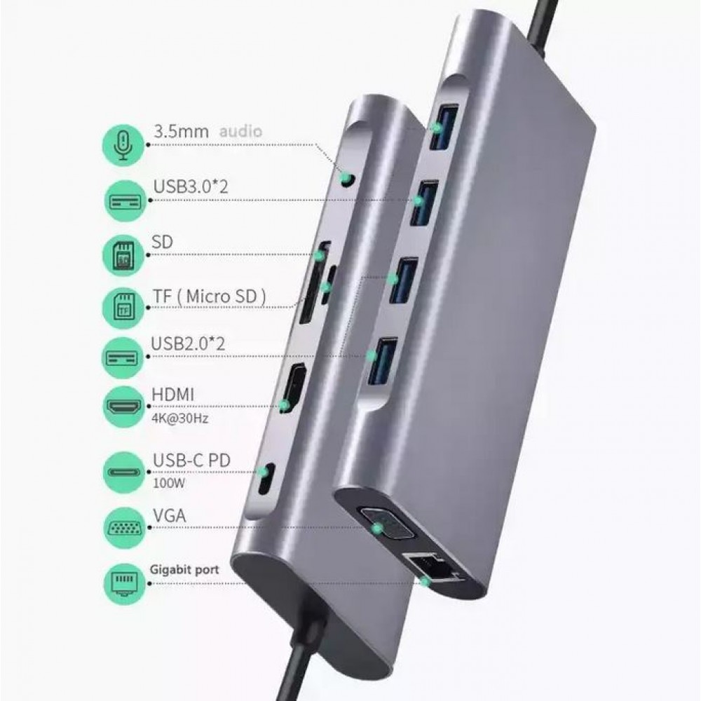 USB-C Hub 11 en 1 multi-ports aluminium Docking Station MacBook 4K HDMI + LAN + USB3.0 - Argent