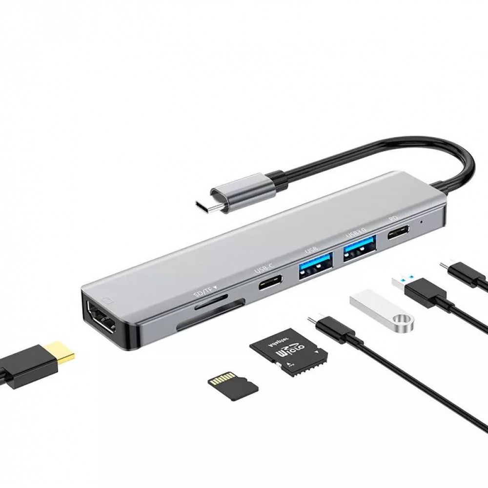 Hub USB-C 6 en 1 multi-ports MacBook Support aluminium plat Docking Station 4K Ultra HDMI + SD Card - Gris