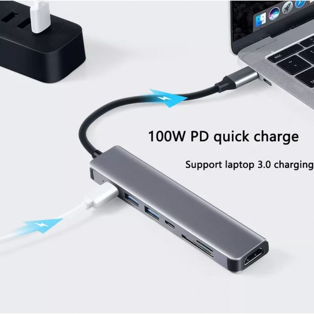 Hub USB-C 6 en 1 multi-ports MacBook Support aluminium plat Docking Station 4K Ultra HDMI + SD Card - Gris