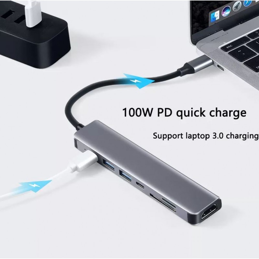 USB-C Multi-Anschluss MacBook Support 6 in 1 Hub Aluminium flach Docking Station 4K Ultra HDMI + SD Card - Grau