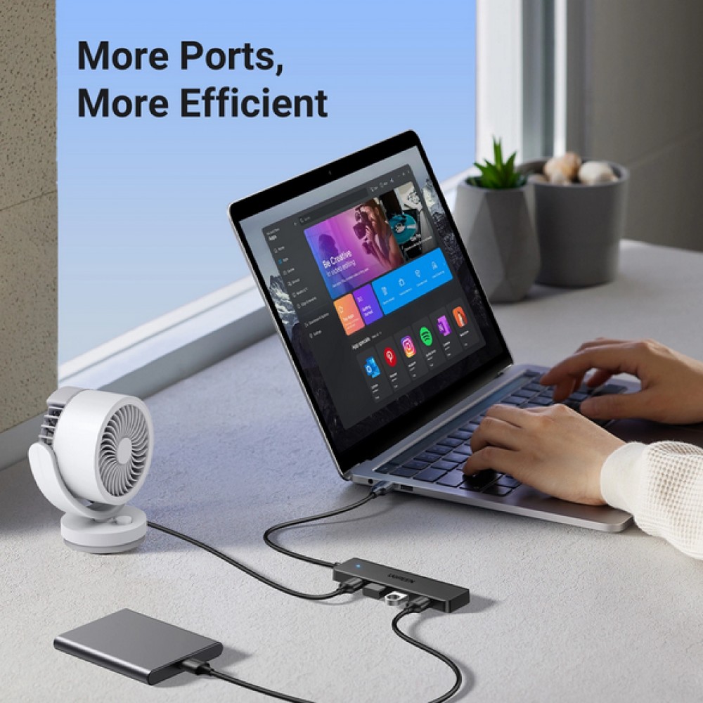 Ugreen USB-A Hub mit 4 Anschlüssen Multiport Highspeed 5Gbps extra schlank 4x USB-A 3.0 Plug and Play - Schwarz