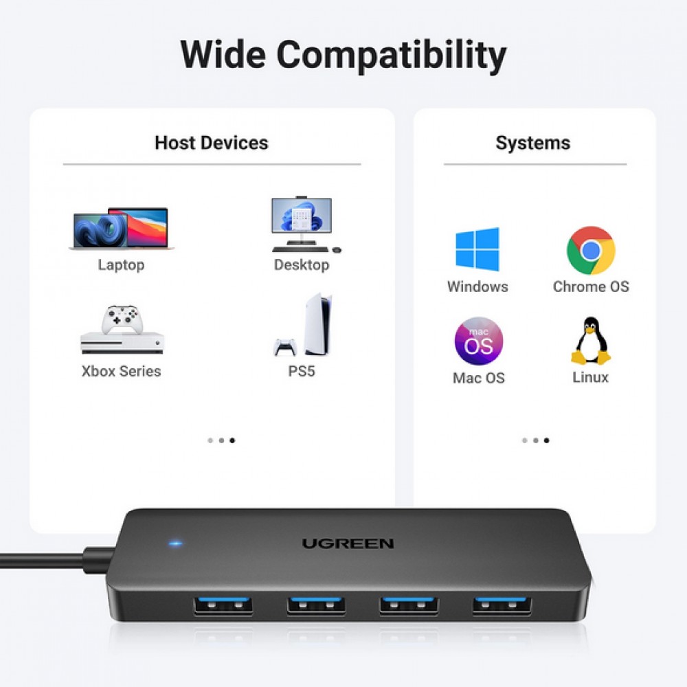 Ugreen USB-A Hub mit 4 Anschlüssen Multiport Highspeed 5Gbps extra schlank 4x USB-A 3.0 Plug and Play - Schwarz