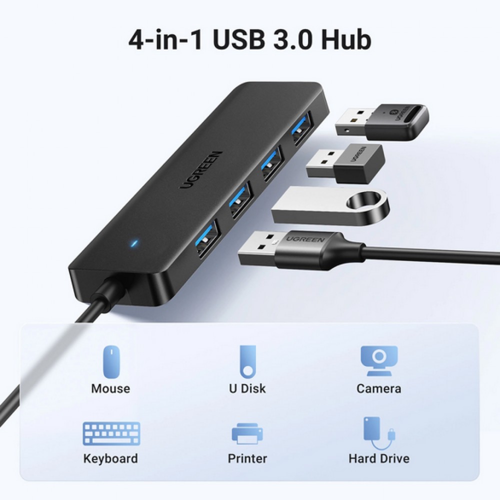 Ugreen USB-A Hub mit 4 Anschlüssen Multiport Highspeed 5Gbps extra schlank 4x USB-A 3.0 Plug and Play - Schwarz