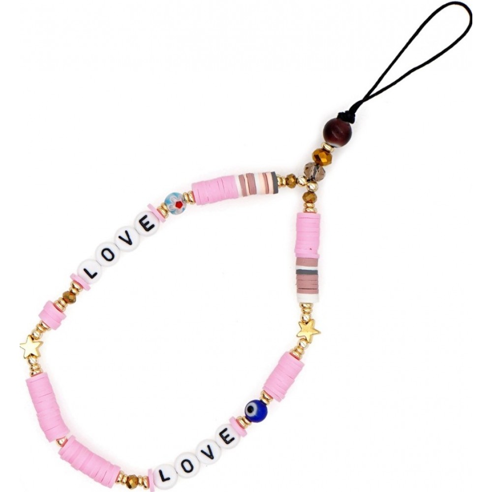 Bijou de téléphone universel / Pendentif bracelet à charms - N°14 Love & étoiles - Rose