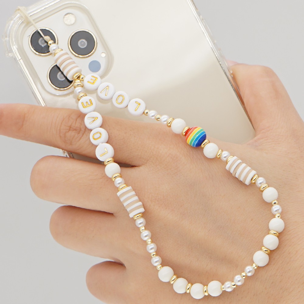 Bijou de téléphone universel / Pendentif bracelet à charms - N°16 Love - Blanc nacré