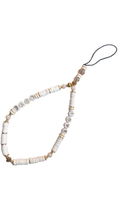 Bijou de téléphone universel / Pendentif bracelet à charms - N°25 LOVE & perles - Blanches - Blanc