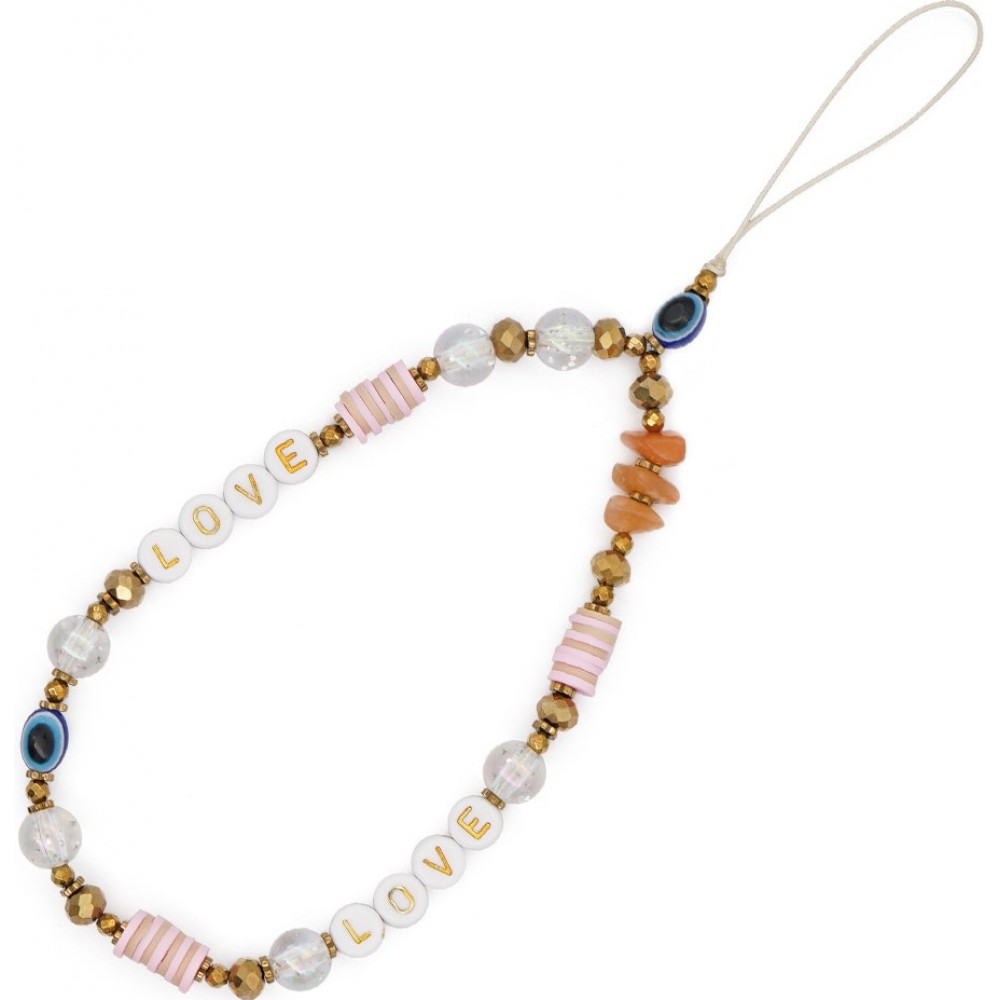 Bijou de téléphone universel / Pendentif bracelet à charms - N°34 LOVE et perles - Or rose