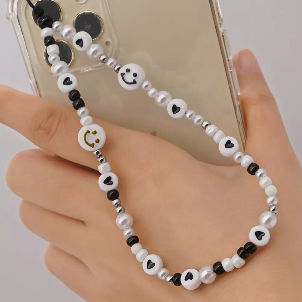 Universal Smartphone Armband Schmuck Charms - N°35 Happy smiley & Herzen - Schwarz & - Weiss