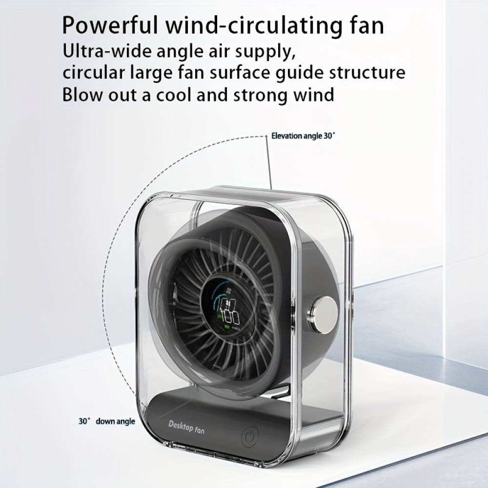 Ventilateur de bureau portable design transparent orientable avec écran LED (3 vitesses) - Noir