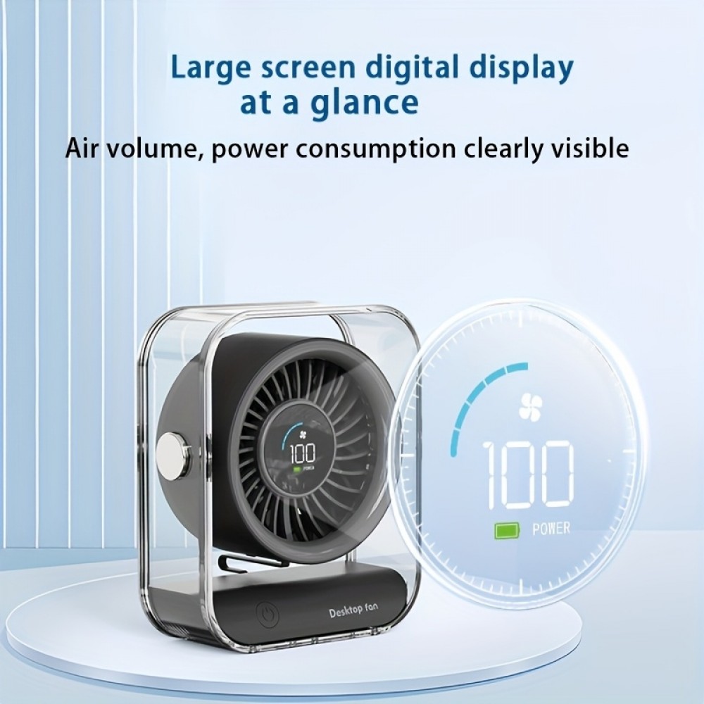 Ventilateur de bureau portable design transparent orientable avec écran LED (3 vitesses) - Noir