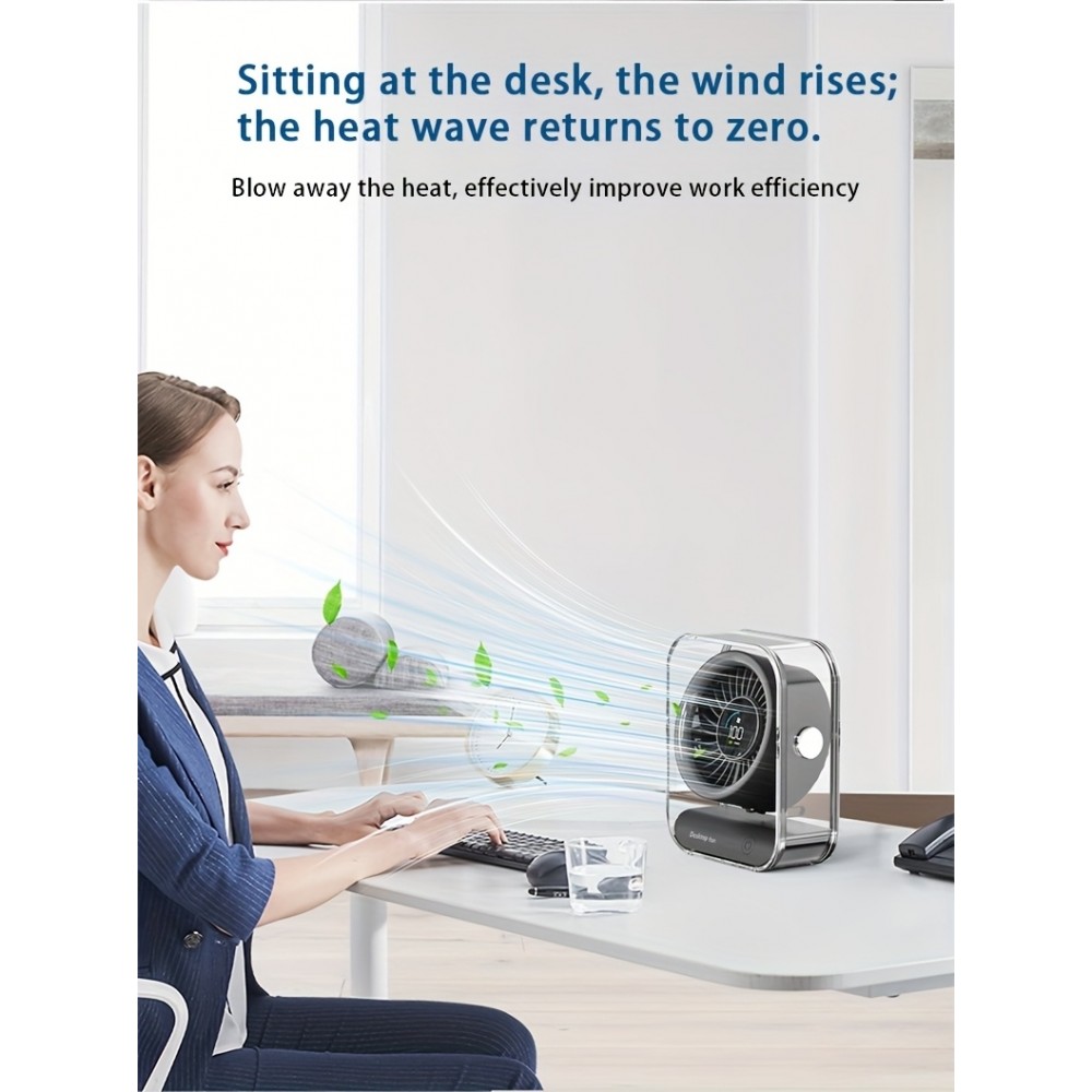 Ventilateur de bureau portable design transparent orientable avec écran LED (3 vitesses) - Noir