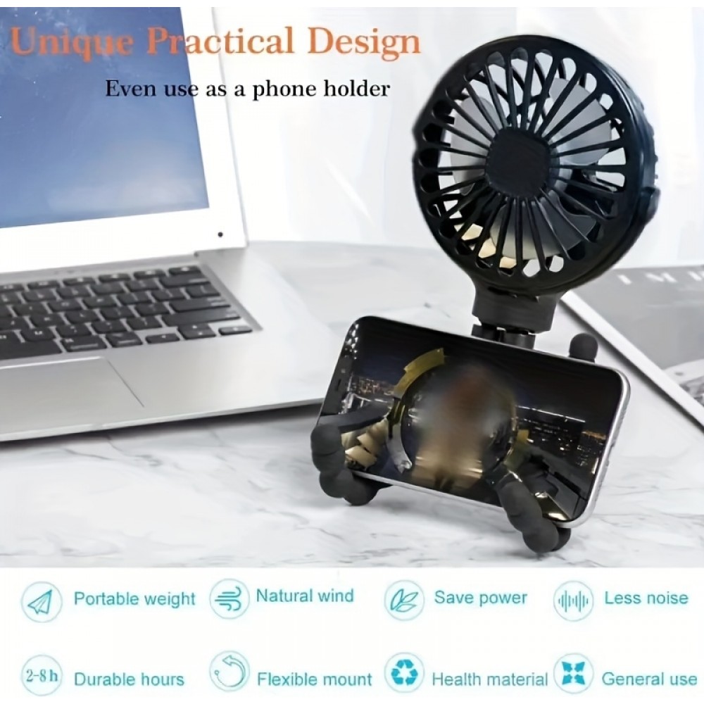 Mini USB Ventilator Octopus - Tragbarer wiederaufladbarer 3-Geschwindigkeits-Fan mit Kinderwagen- und Outdoor-Halterung