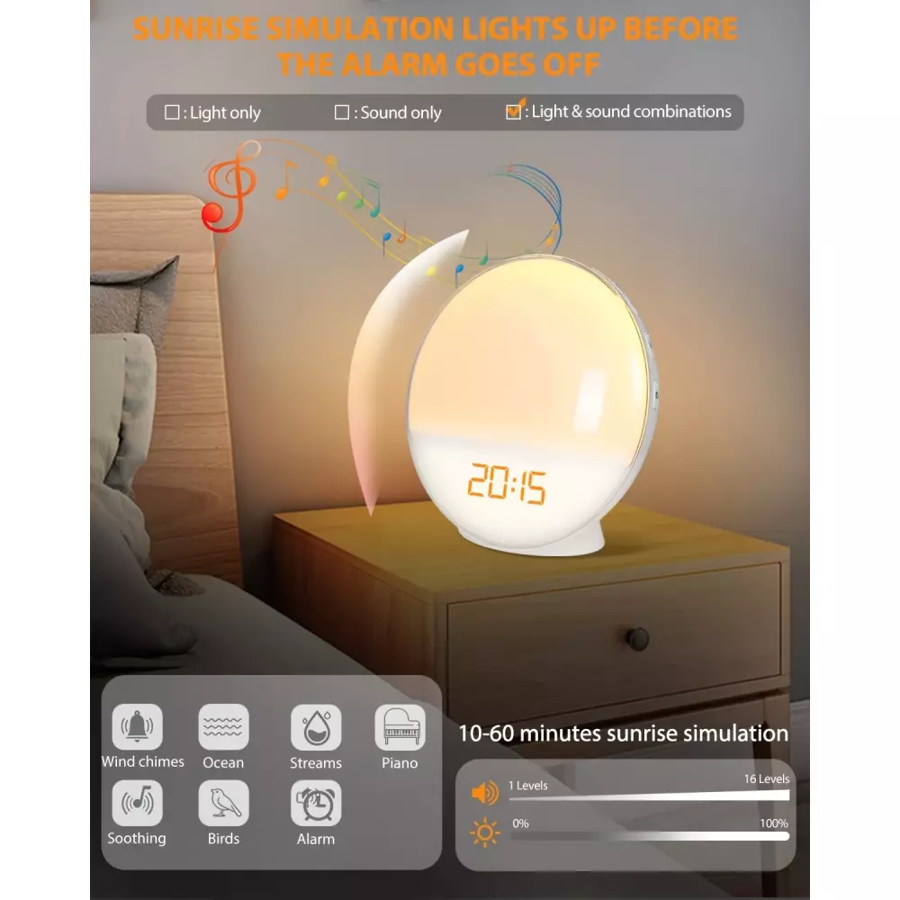 Wake-up Light réveil alarme digital avec lumière LED simulateur d'aube lumière naturelle
