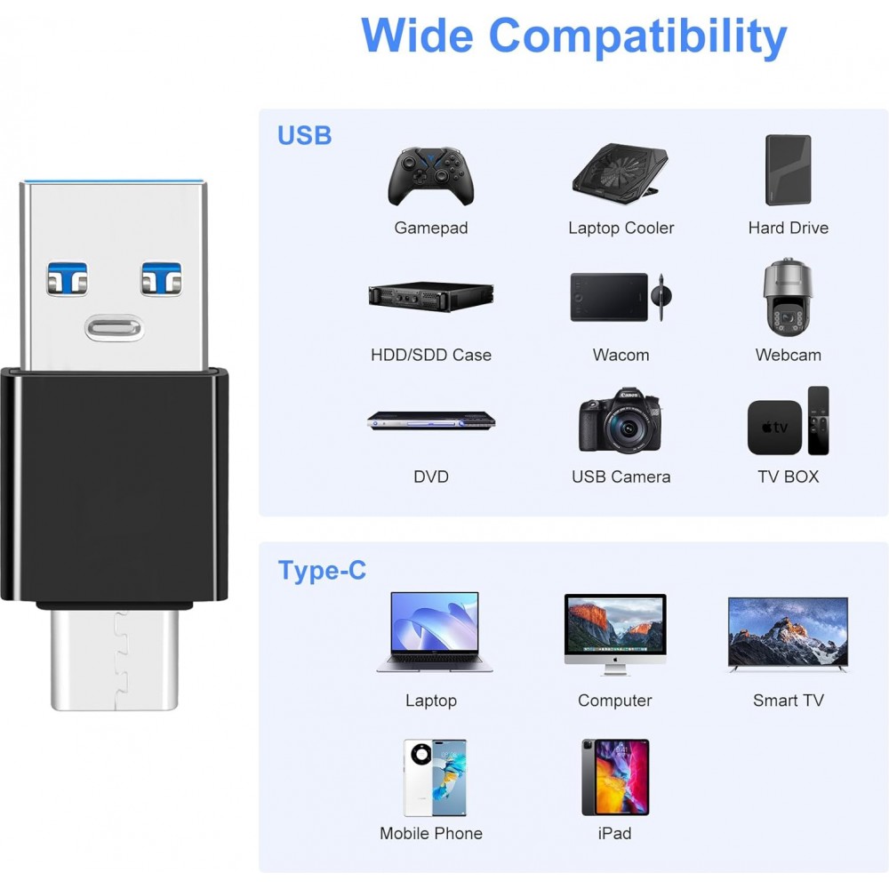 Adaptateur USB 3.0/3.1 vers USB-C transfert de donn&eacute;es rapide pour smartphones et PC (lot de 2) - Noir