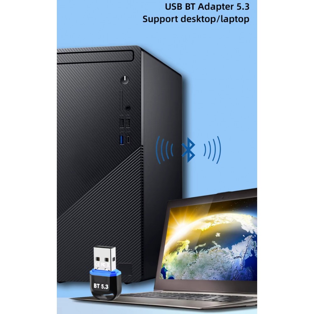 Adaptateur USB Bluetooth 5.3 dongle sans fil pour souris clavier et ordinateur portable - Noir