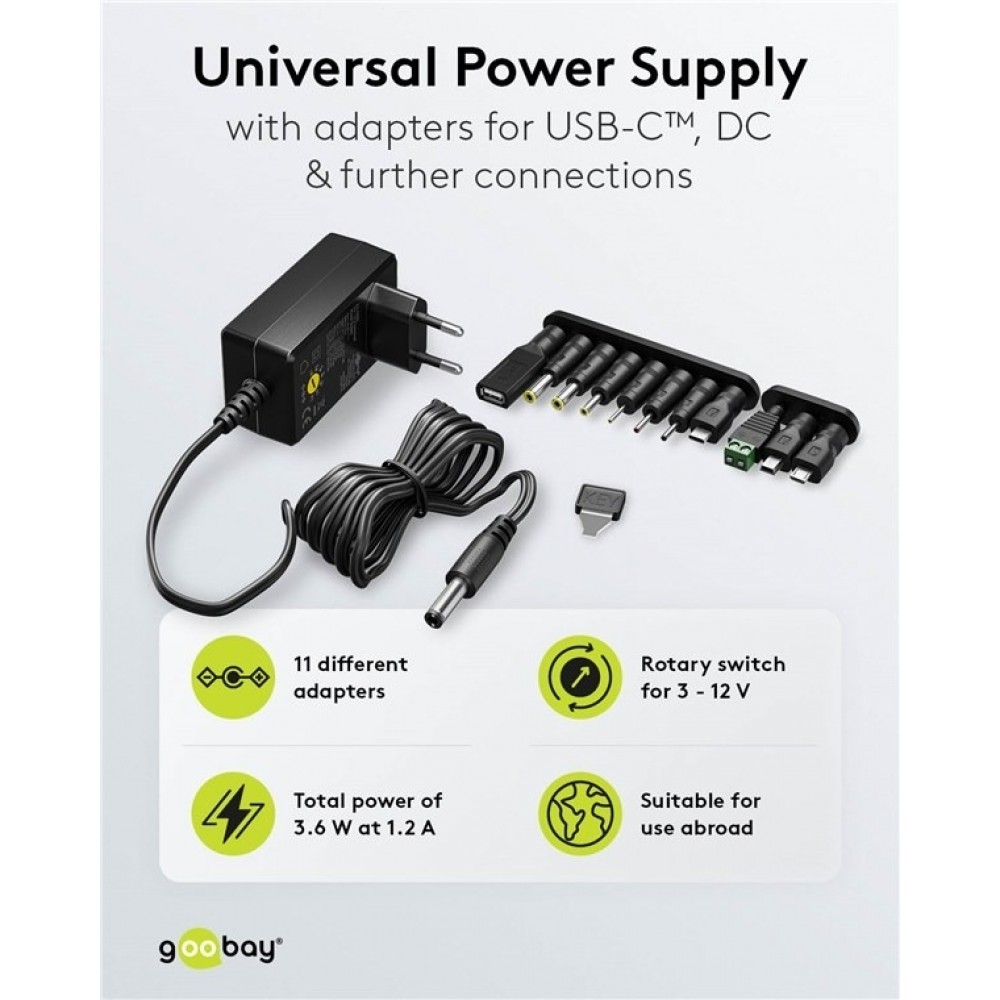 Alimentation universelle Goobay 3V&ndash;12V max. 3,6W adaptateur secteur r&eacute;glable avec 12 embouts - Noir