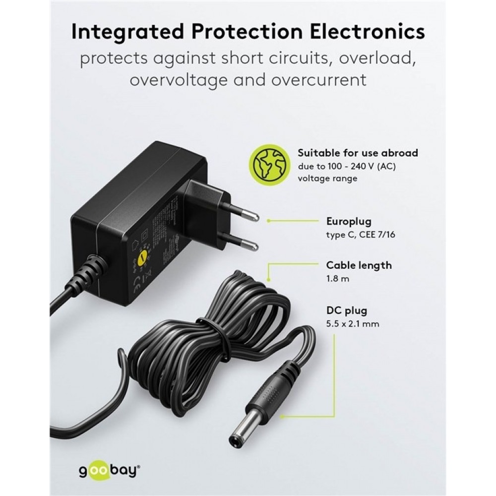 Alimentation universelle Goobay 3V&ndash;12V max. 3,6W adaptateur secteur r&eacute;glable avec 12 embouts - Noir