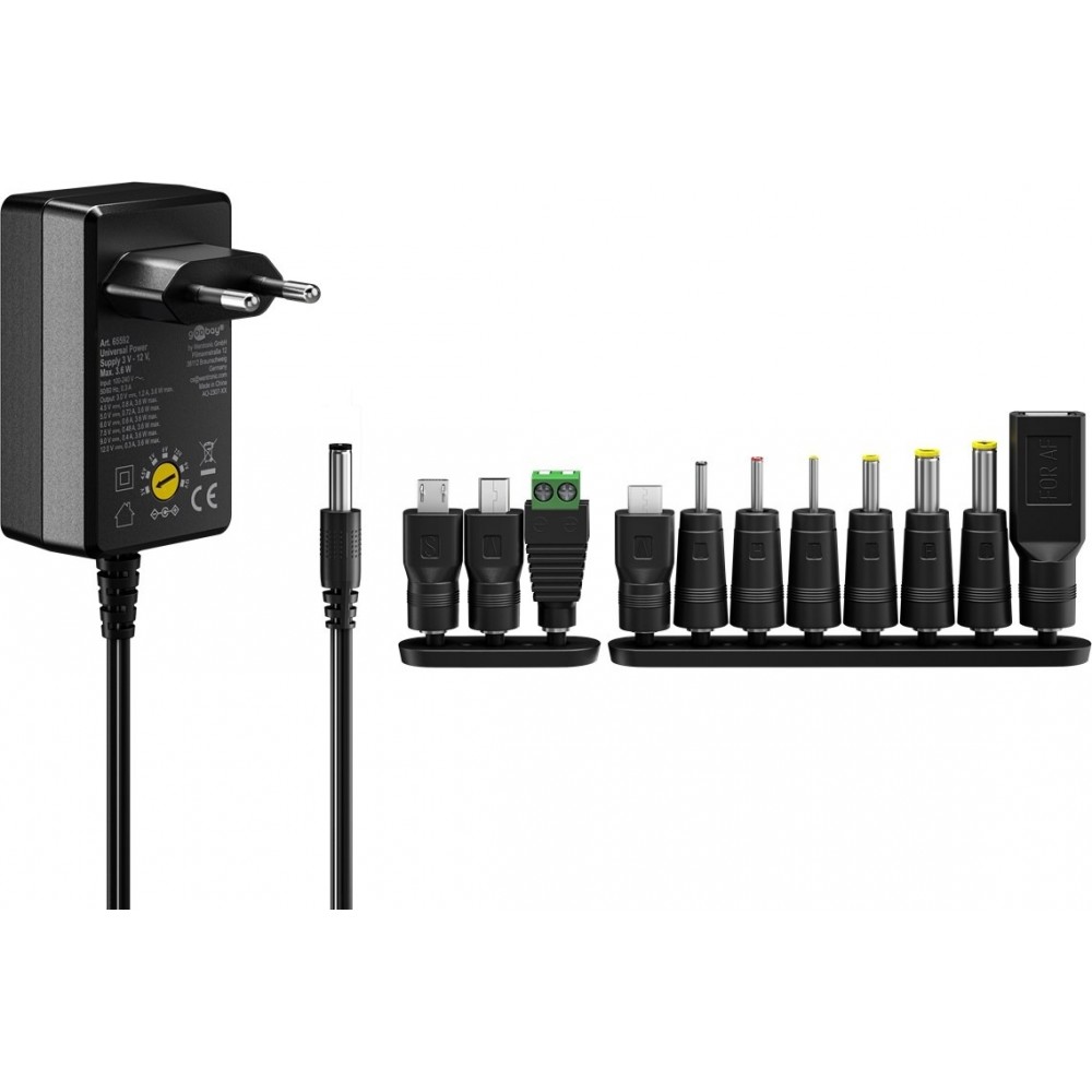Alimentation universelle Goobay 3V&ndash;12V max. 3,6W adaptateur secteur r&eacute;glable avec 12 embouts - Noir