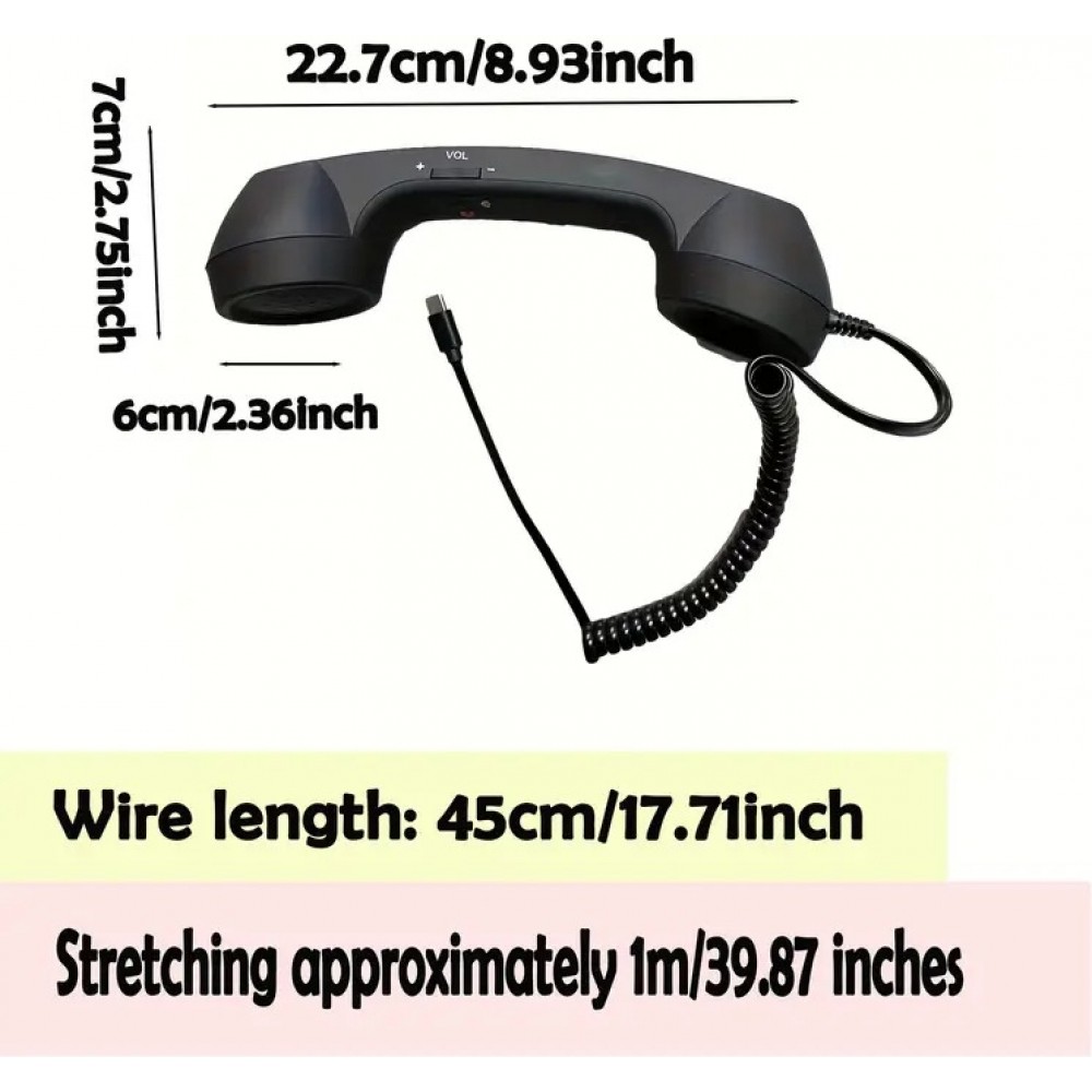 Ancien combin&eacute; t&eacute;l&eacute;phone r&eacute;tro pour mobile avec prise USB-C compatible avec mobiles tablettes et ordinateurs portables - Noir