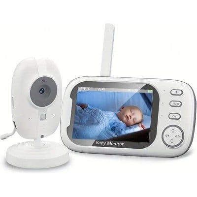 Babyphone caméra HD 720P écran 3,5" LCD vision nocturne audio bidirectionnel capteur température 8 berceuses - Blanc