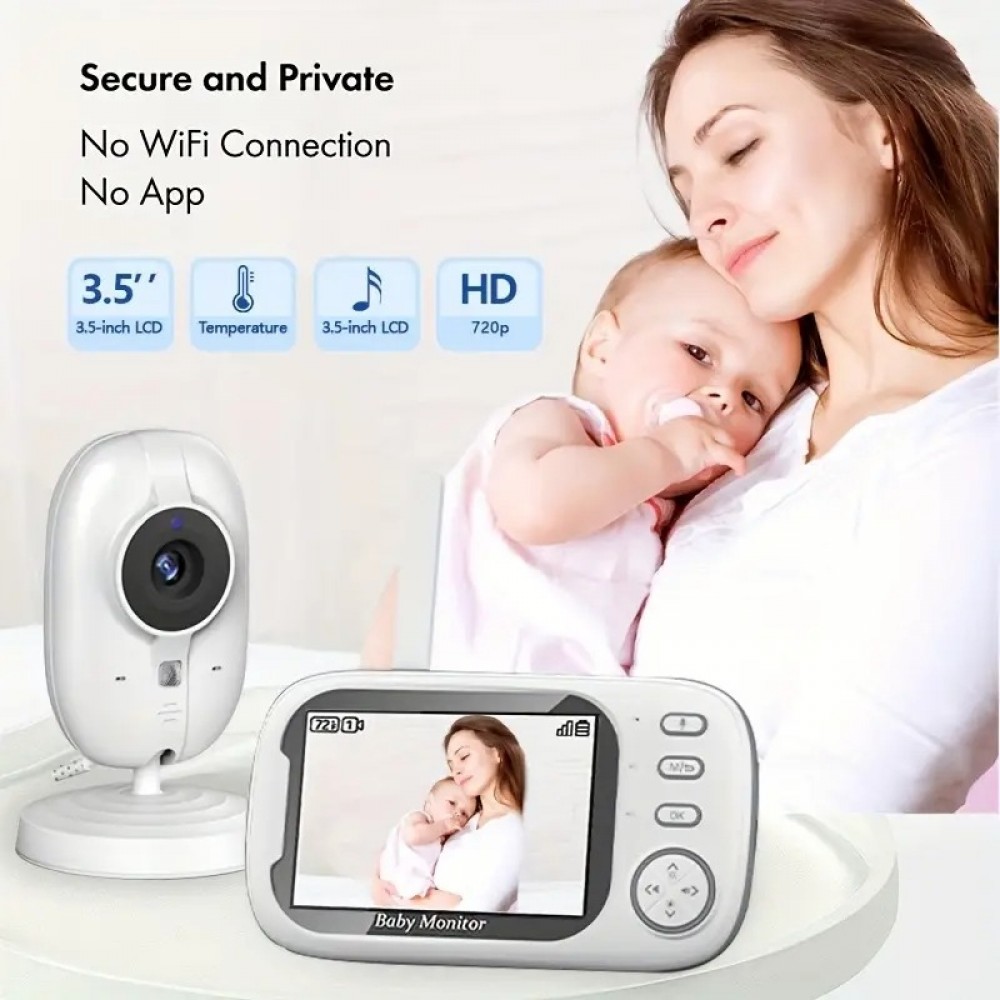 Babyphone caméra HD 720P écran 3,5" LCD vision nocturne audio bidirectionnel capteur température 8 berceuses - Blanc