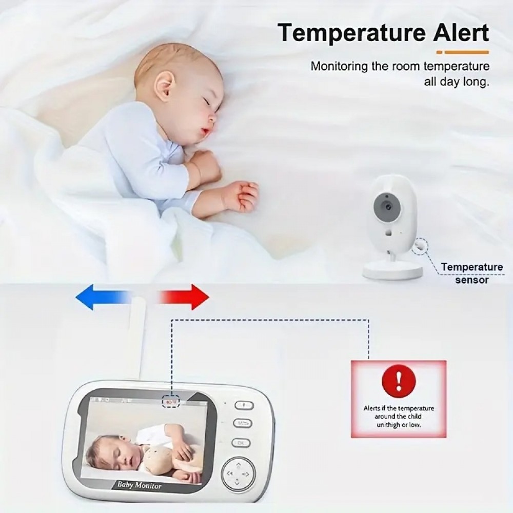 Babyphone caméra HD 720P écran 3,5" LCD vision nocturne audio bidirectionnel capteur température 8 berceuses - Blanc