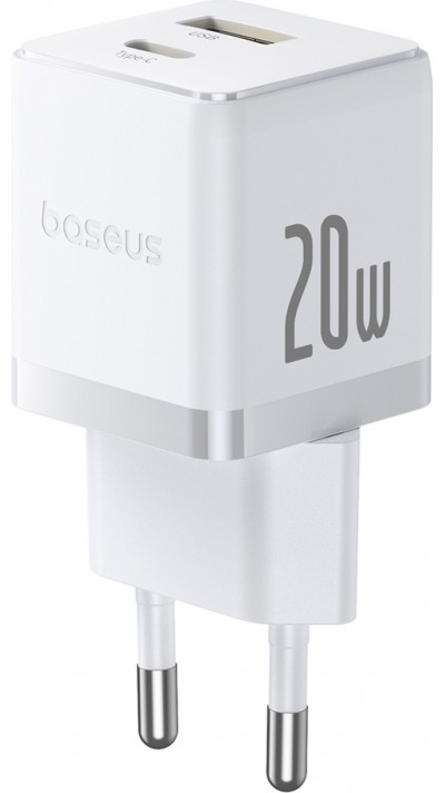 Baseus Palm 20W chargeur mural rapide USB-C / USB-A mini taille et compact - Blanc