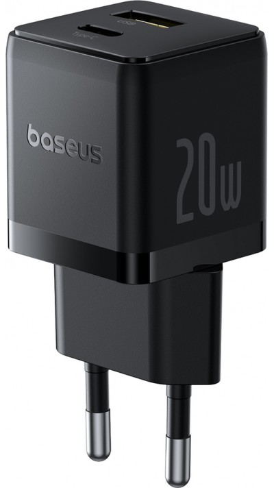 Baseus Palm 20W chargeur mural rapide USB-C / USB-A mini taille et compact - Noir