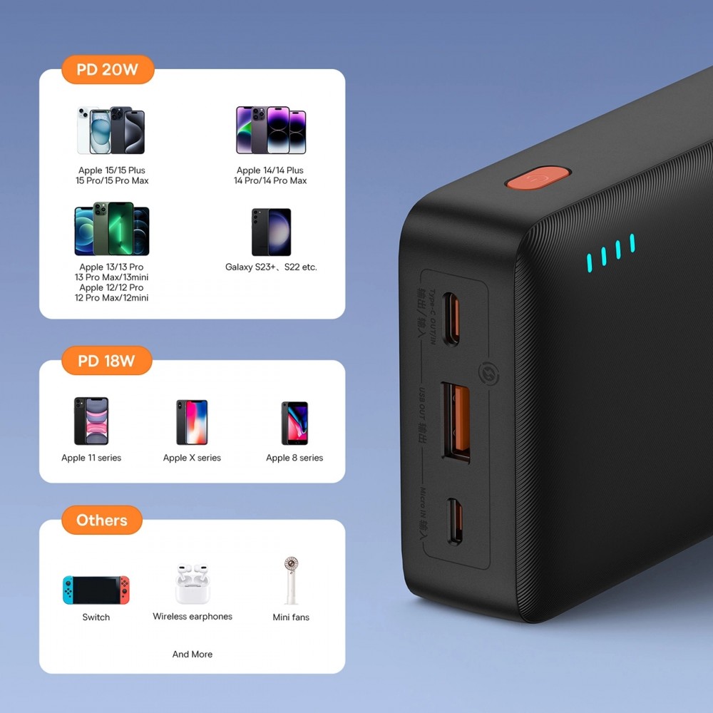 Powerbank batterie externe Baseus Airpow 20000mAh charge rapide 20W PD USB-A / USB-C - Noir