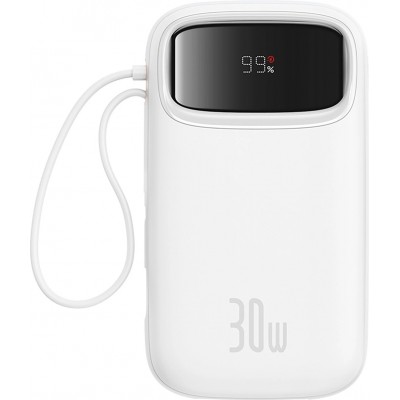 Batterie Externe Baseus QPow 2 20000mAh 30W avec C&acirc;bles USB-C Int&eacute;gr&eacute;s - Blanc
