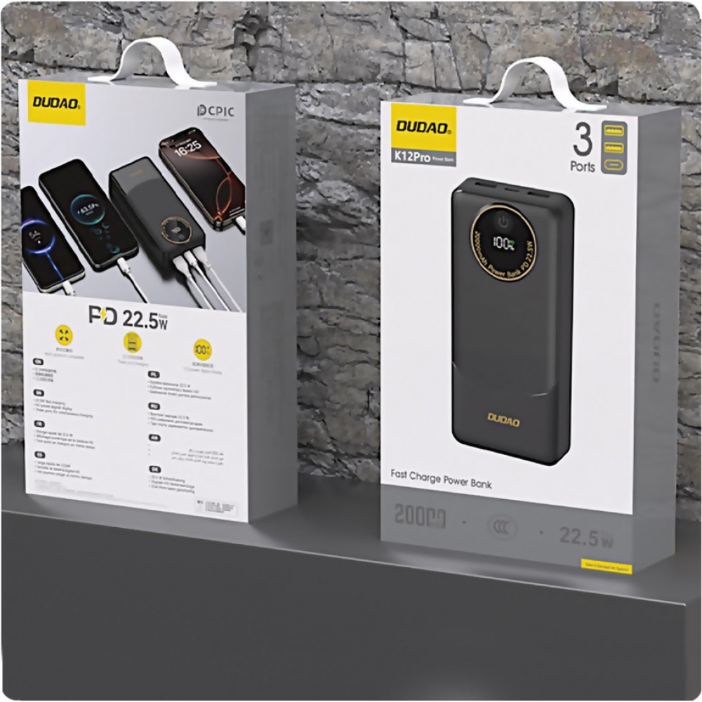 Batterie externe Dudao K12Pro 20000mAh 22.5W avec 3 ports PD USB-A USB-C Powerbank - Noir