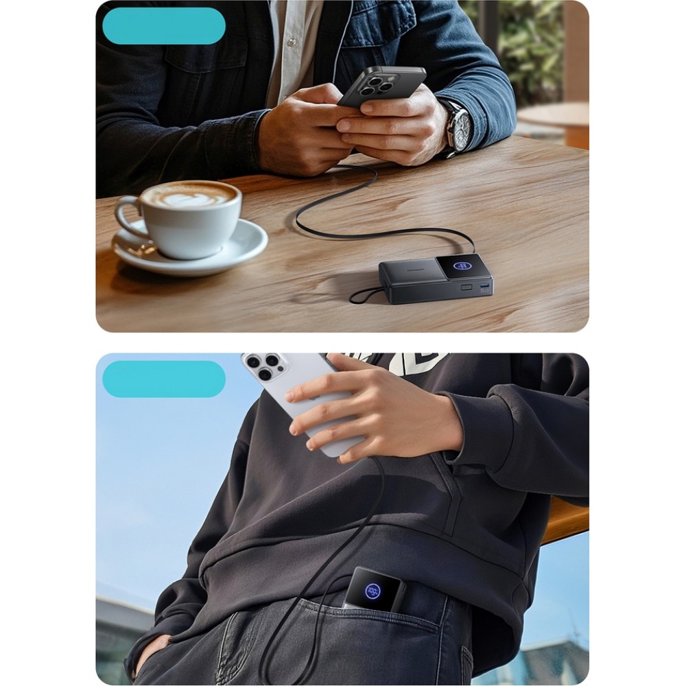 Batterie externe Joyroom JR-PR1 10000mAh 22.5W powerbank avec câble USB-C rétractable intégré - Noir