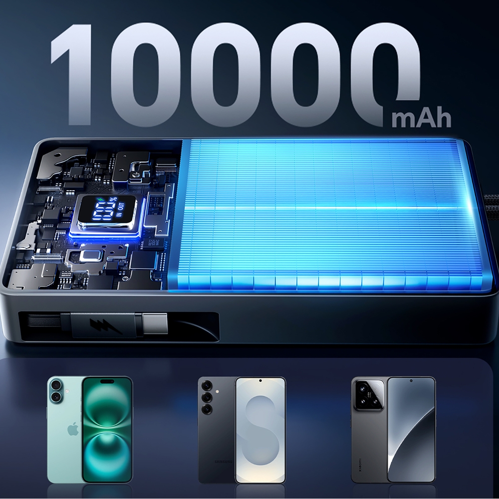 Batterie externe Joyroom JR-PR1 10000mAh 22.5W powerbank avec câble USB-C rétractable intégré - Noir