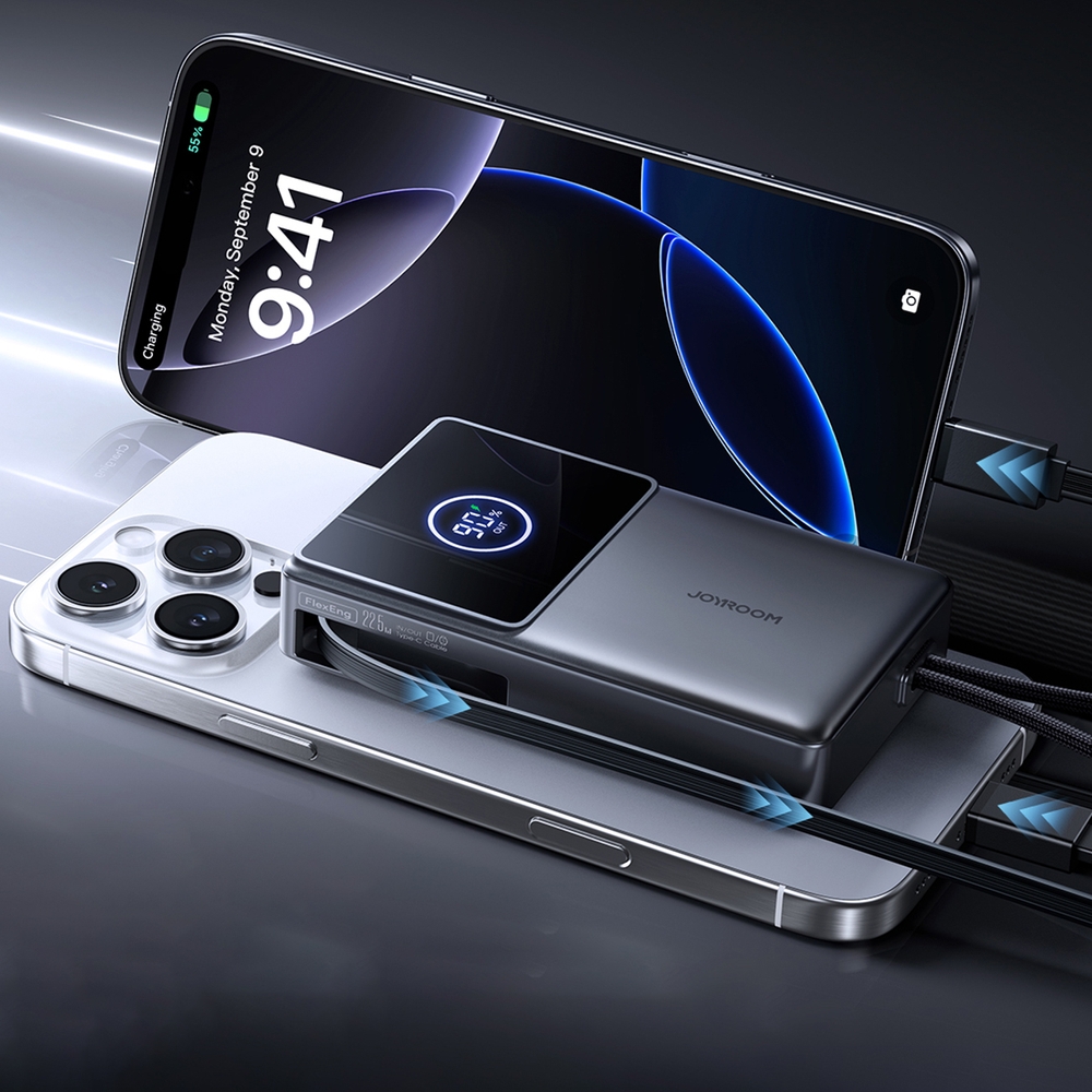 Batterie externe Joyroom JR-PR1 10000mAh 22.5W powerbank avec câble USB-C rétractable intégré - Noir