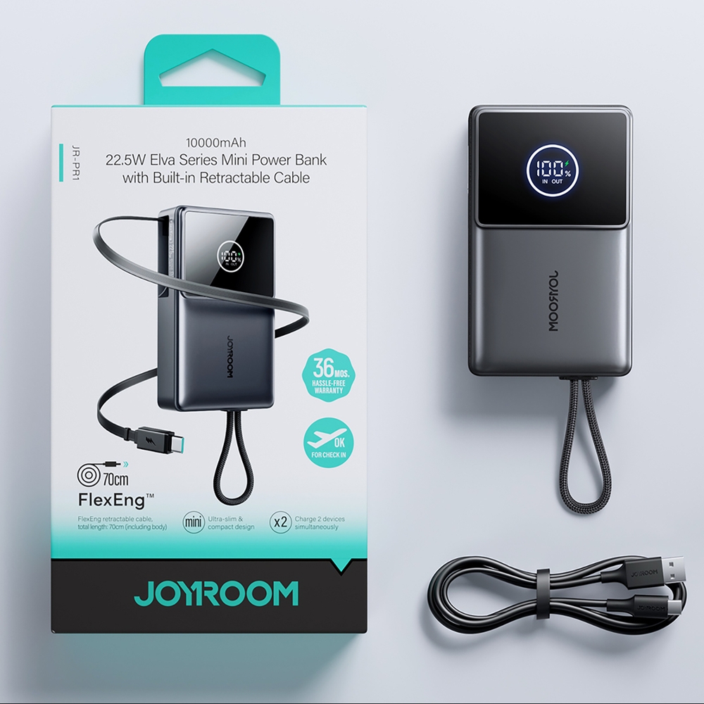 Batterie externe Joyroom JR-PR1 10000mAh 22.5W powerbank avec câble USB-C rétractable intégré - Noir