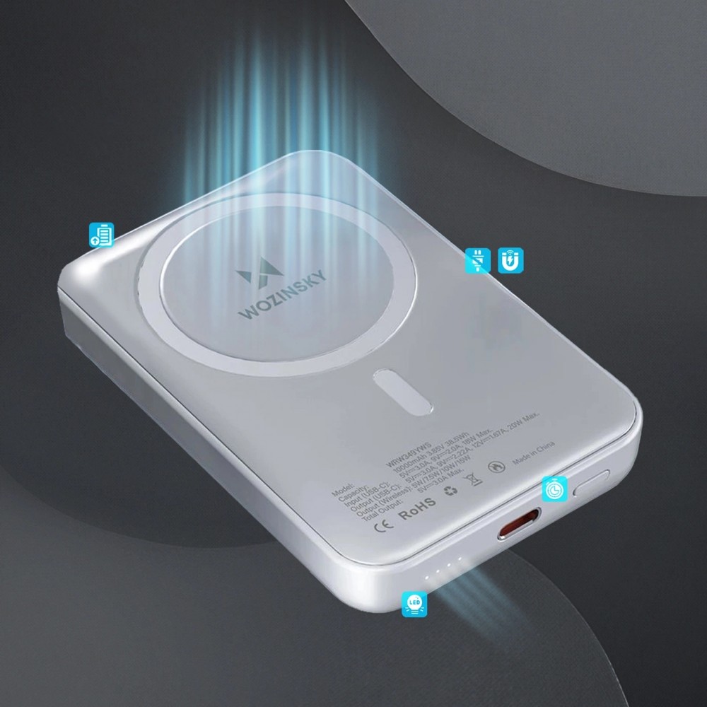 Batterie externe magnétique MagSafe Wozinsky 10000 mAh PD 20W chargeur portable Power Bank - Blanc