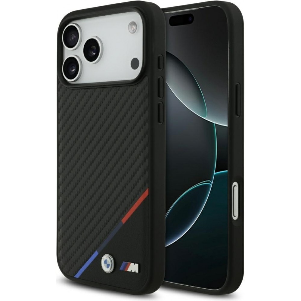 Coque iPhone 17 Pro Max - BMW M Carbon Tricolor Line compatible MagSafe protection premium - Noir