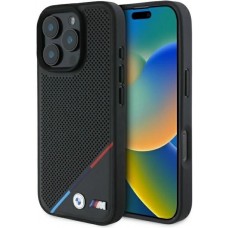 Coque iPhone 16 Pro Max - BMW M Ligne tricolore design perforé compatible MagSafe protection premium - Noir