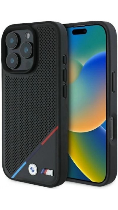 Coque iPhone 16 Pro Max - BMW M Ligne tricolore design perforé compatible MagSafe protection premium - Noir