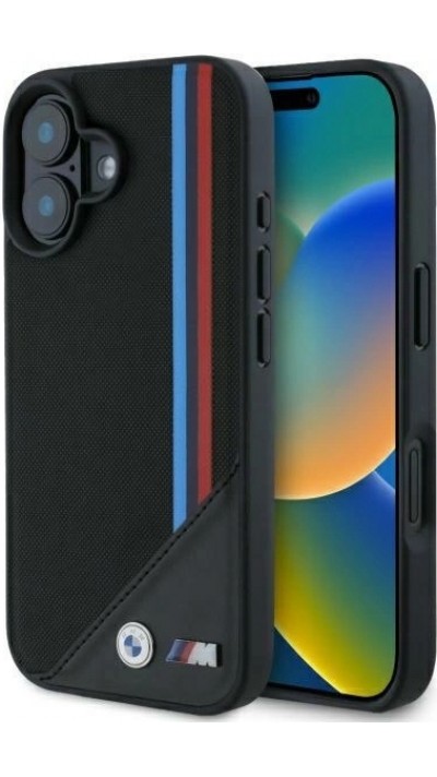 Coque iPhone 16 - BMW M Tricolore Stripes cuir MagSafe - Noir
