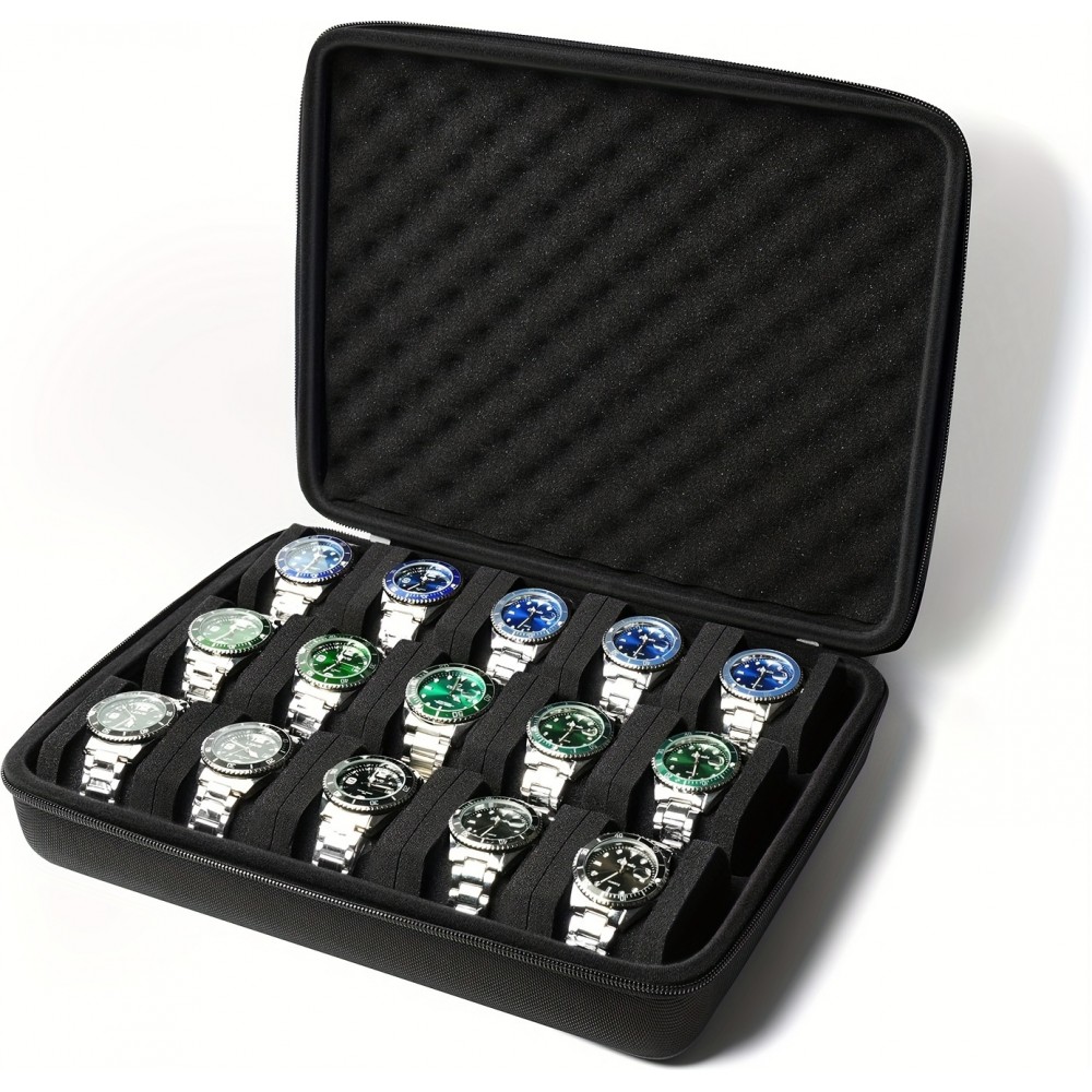 Boîte de rangement pour montres 15 places avec coussin en mousse anti-choc pour voyage - Noir