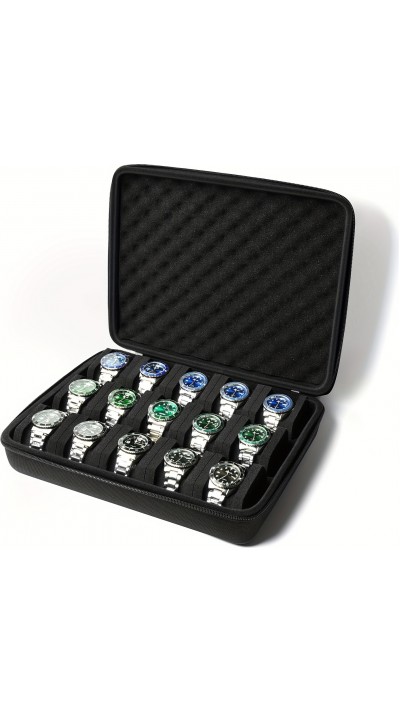 Uhrenaufbewahrungsbox 15 Plätze mit stoßdämpfendem Schaumstoffkissen für Reisen - Schwarz