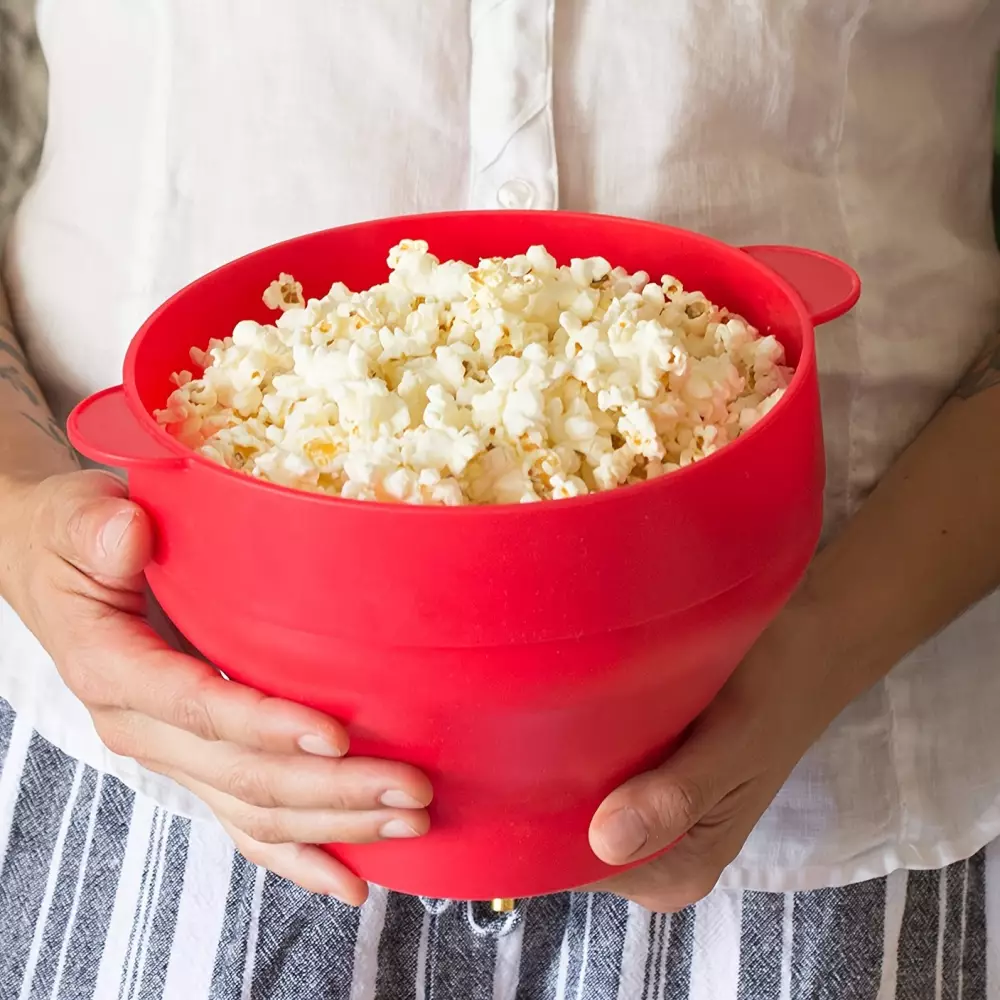 Bol &agrave; pop-corn pour micro-ondes en silicone pliable avec couvercle - Rouge