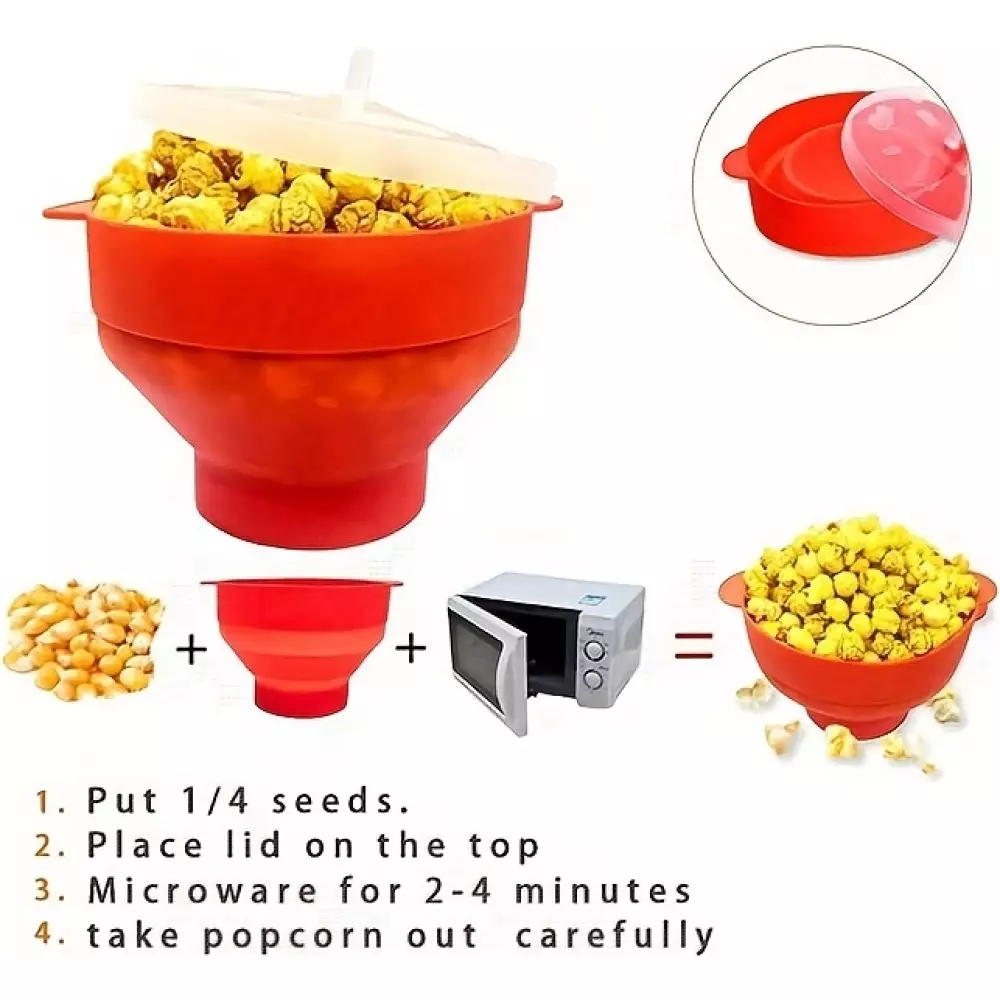 Bol &agrave; pop-corn pour micro-ondes en silicone pliable avec couvercle - Rouge